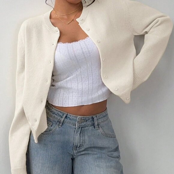 Beige Casual Women's Round Neck Long Sleeve Loose Cropped Sweater Cardigan - Picture 5 of 6